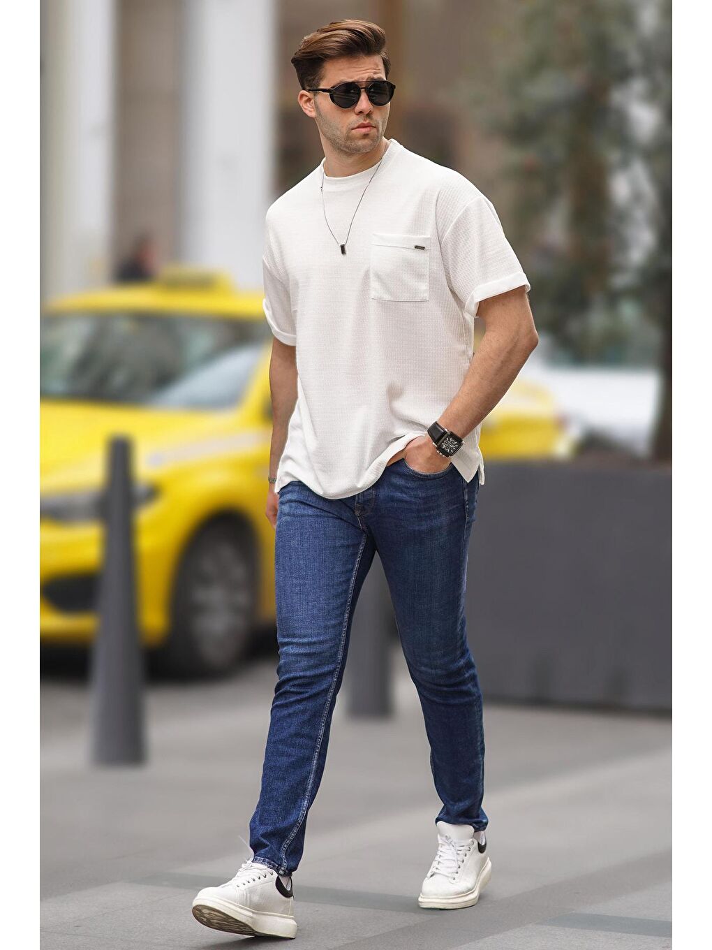 Beyaz Erkek Cep Detaylı Oversize Tişört 6194-1