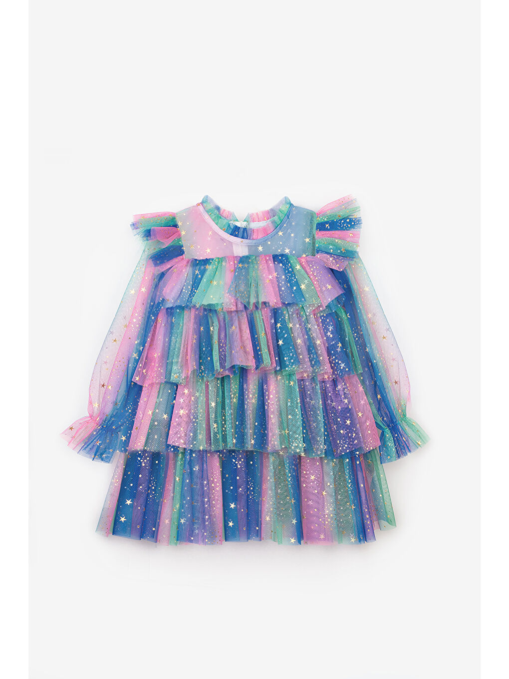 Karışık Çok Renkli Varak Yıldız Baskılı Katlı Kız Çocuk Elbise - Chloe-4