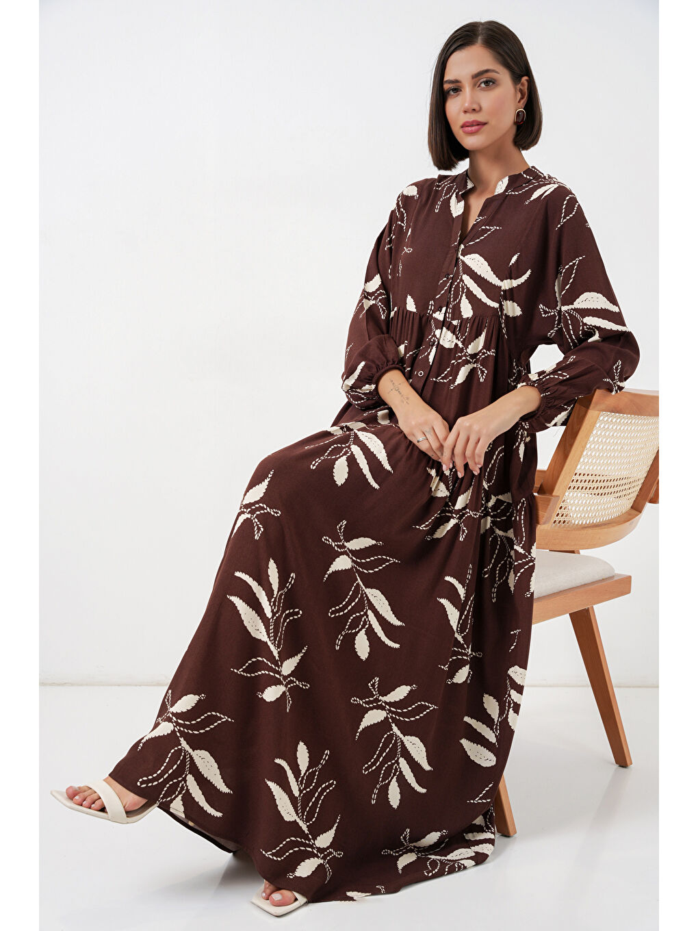 Kahverengi Kadın Desenli Uzun Tesettür Elbise 2585 - F.KAHVE-1