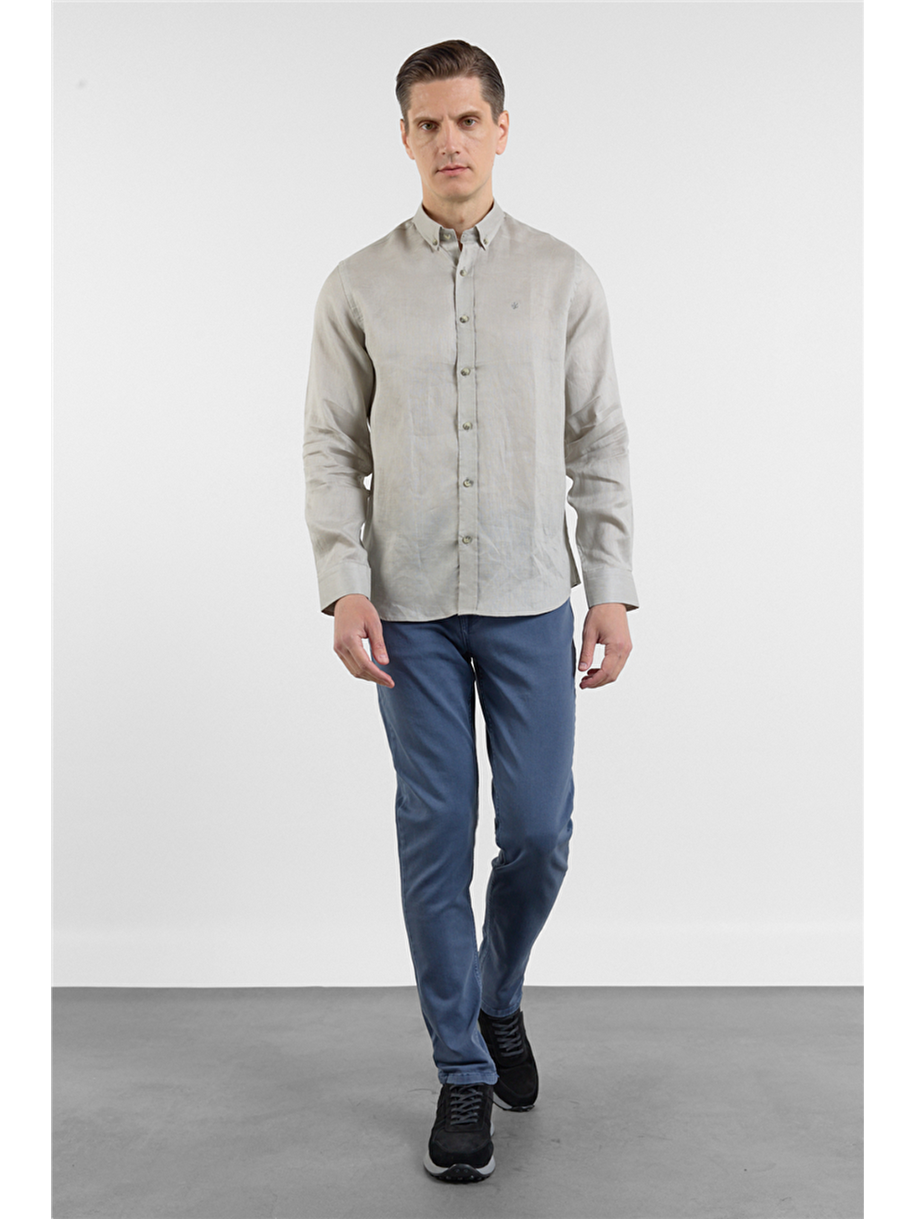 Bej Vizon Keten Düğmeli Yaka Uzun Kol Cepsiz Slim Fit %100 Keten Gömlek 1004260161-2