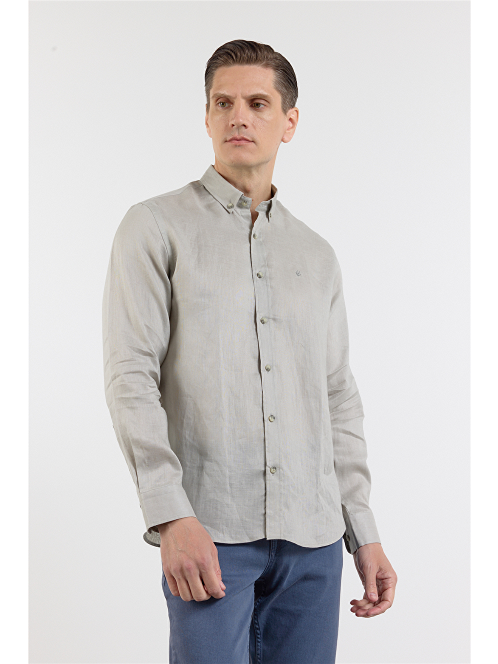Bej Vizon Keten Düğmeli Yaka Uzun Kol Cepsiz Slim Fit %100 Keten Gömlek 1004260161-3