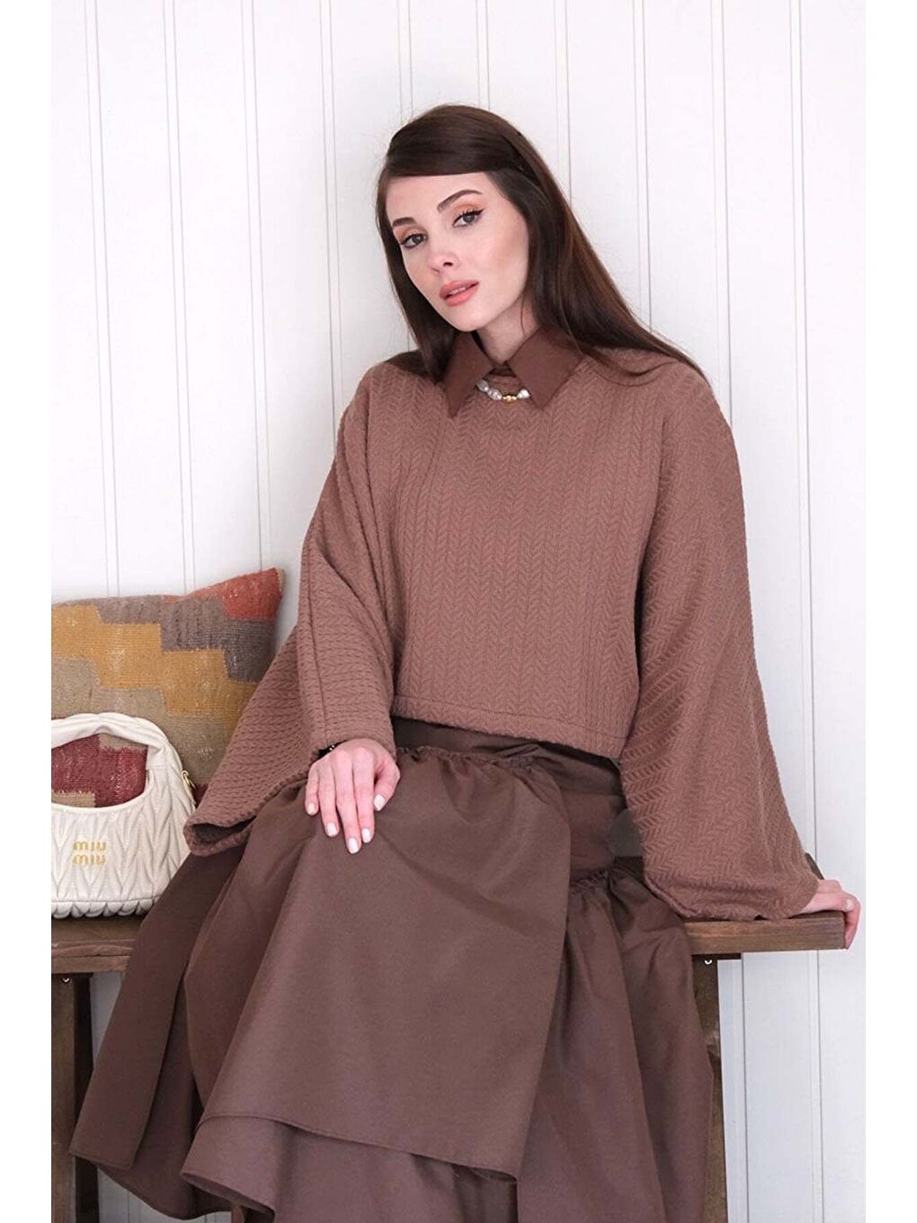 Kahverengi Çikolata Yarasa Kol Triko Crop-3