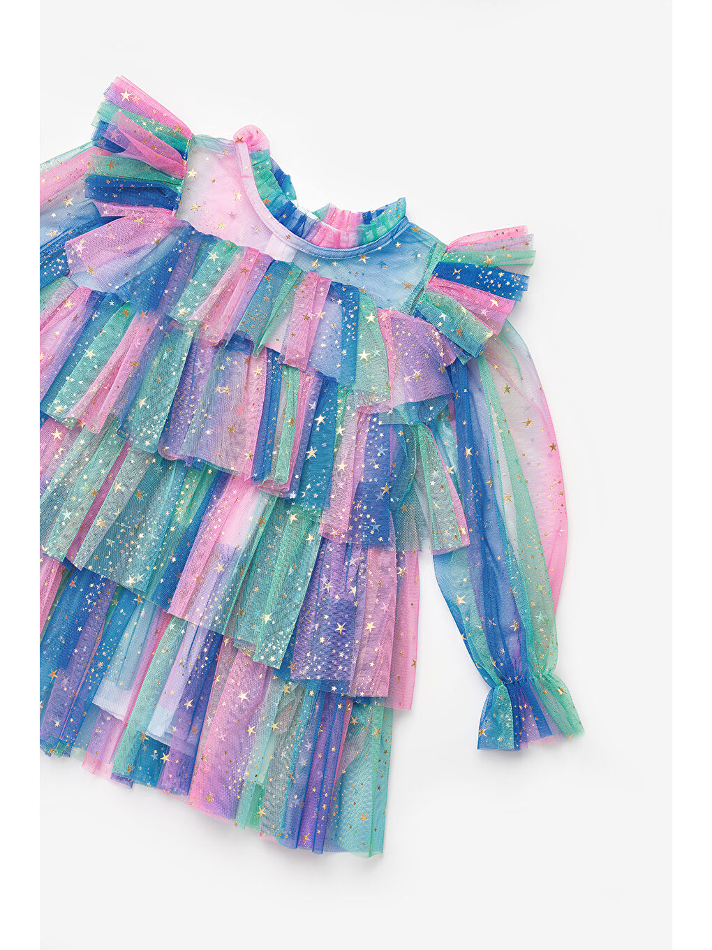 Karışık Çok Renkli Varak Yıldız Baskılı Katlı Kız Çocuk Elbise - Chloe-6