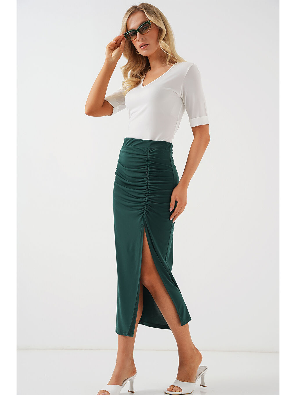 8033 Sandy Yırtmaçlı Etek - Zümrüt Yeşili-2