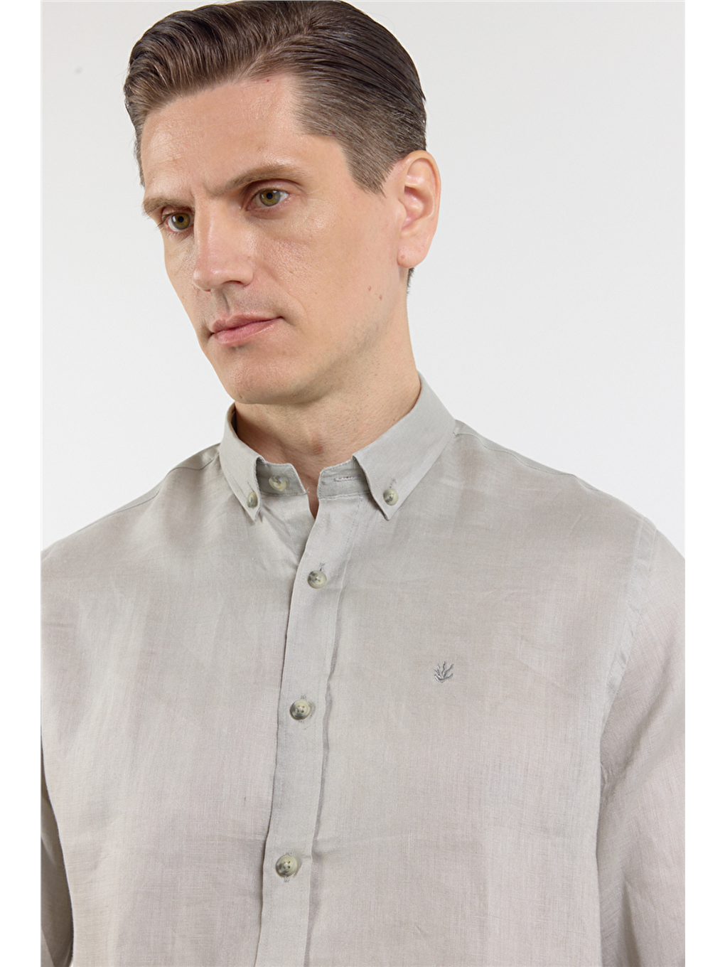 Bej Vizon Keten Düğmeli Yaka Uzun Kol Cepsiz Slim Fit %100 Keten Gömlek 1004260161-4