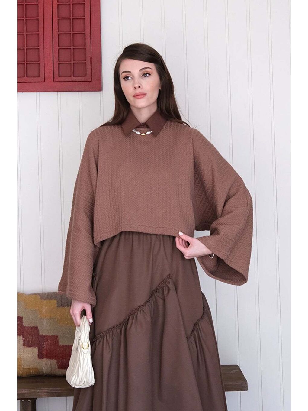 Kahverengi Çikolata Yarasa Kol Triko Crop-4