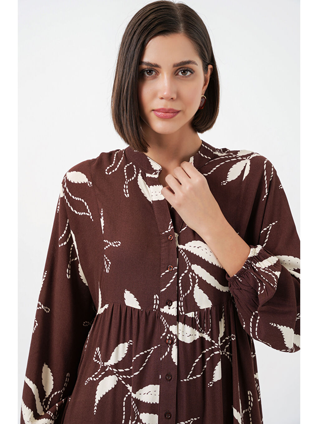 Kahverengi Kadın Desenli Uzun Tesettür Elbise 2585 - F.KAHVE-2