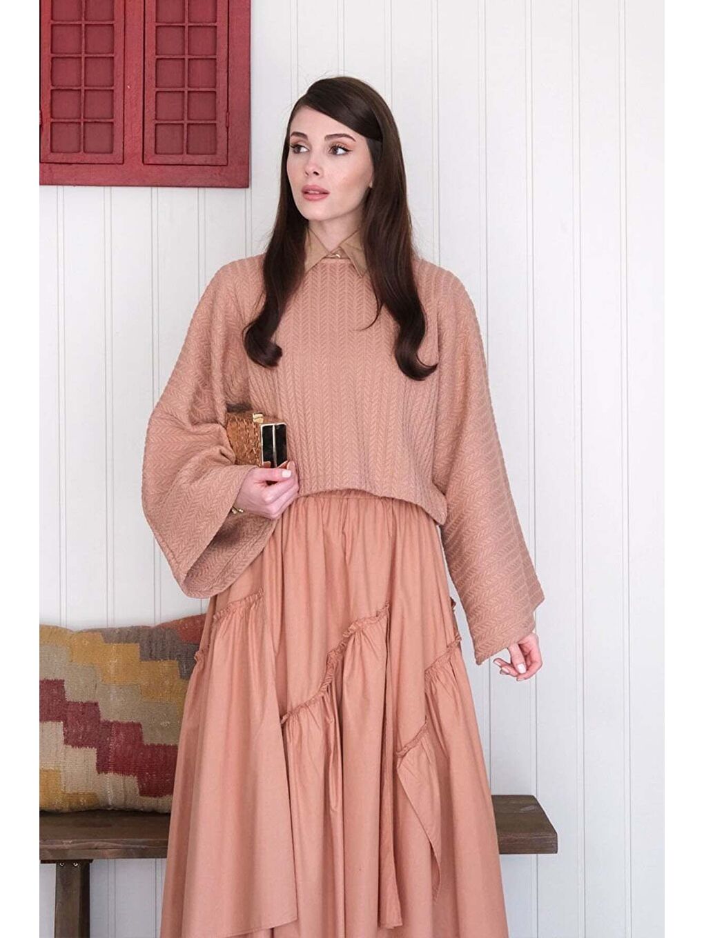 Pembe Somon Yarasa Kol Triko Crop-2