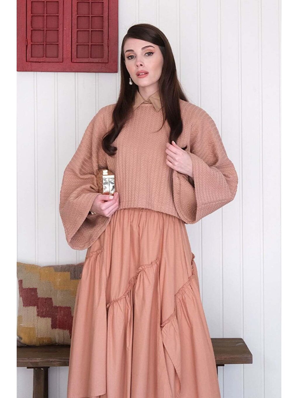 Pembe Somon Yarasa Kol Triko Crop-3