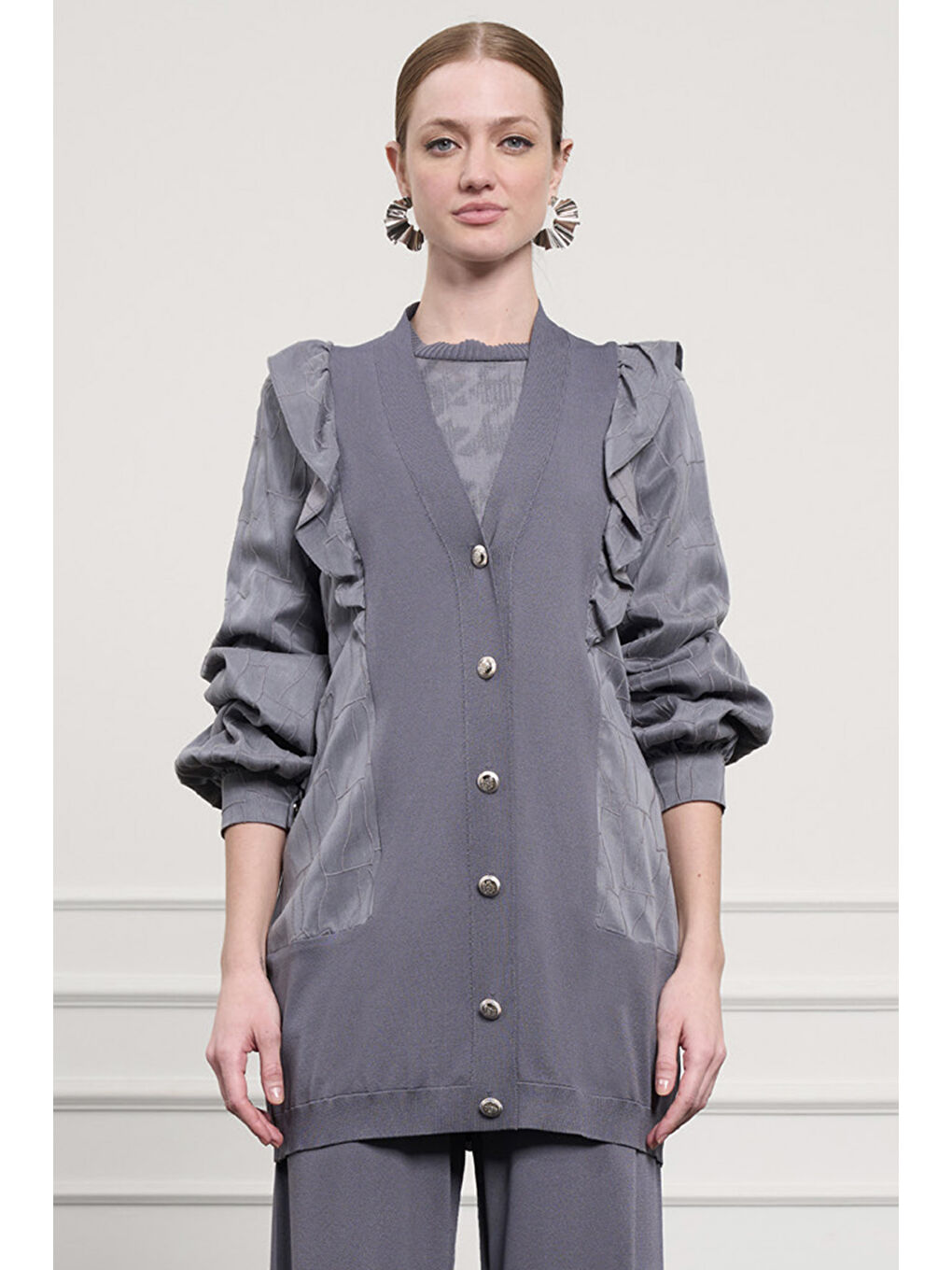 Fırfır Detay Önü Düğmeli Hırka 6051 Antrasit