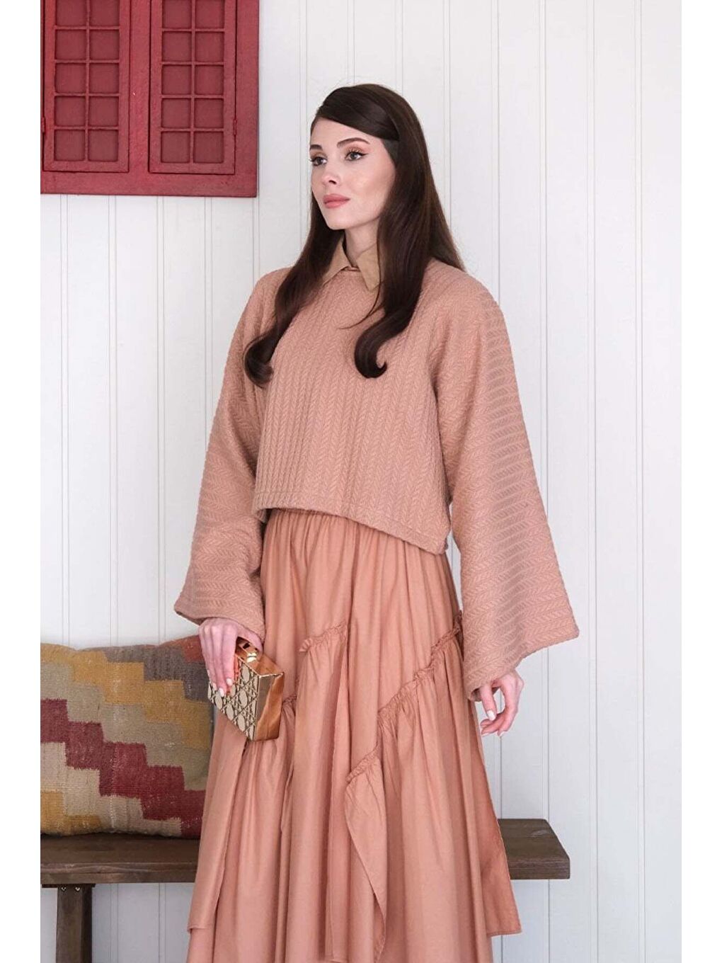 Pembe Somon Yarasa Kol Triko Crop-4