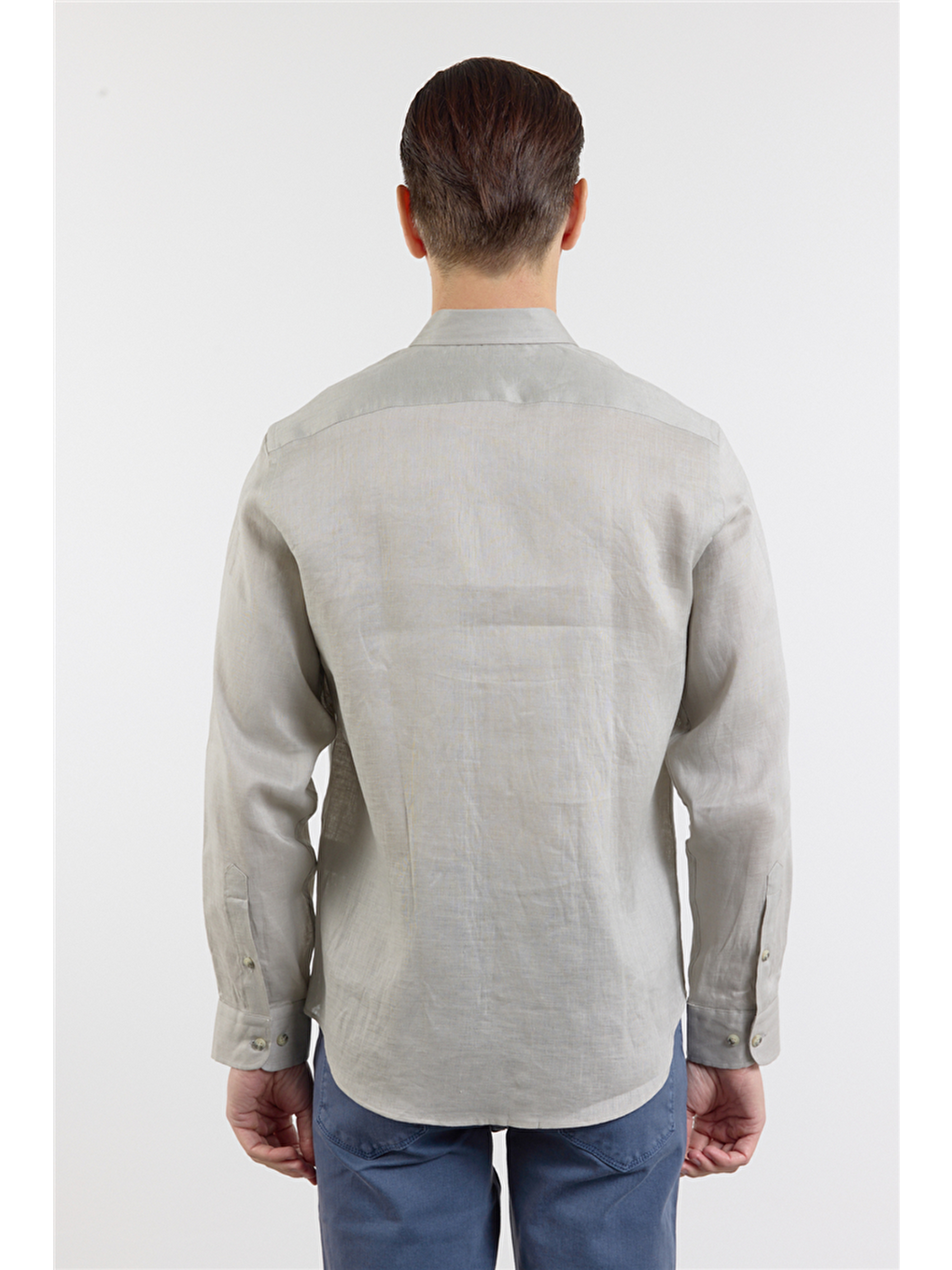 Bej Vizon Keten Düğmeli Yaka Uzun Kol Cepsiz Slim Fit %100 Keten Gömlek 1004260161-5