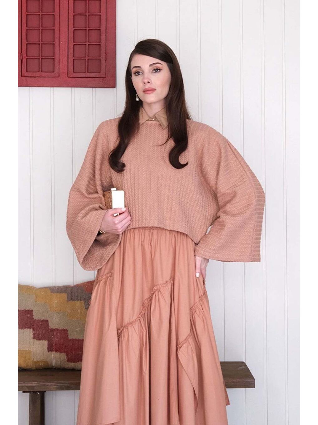 Pembe Somon Yarasa Kol Triko Crop-5