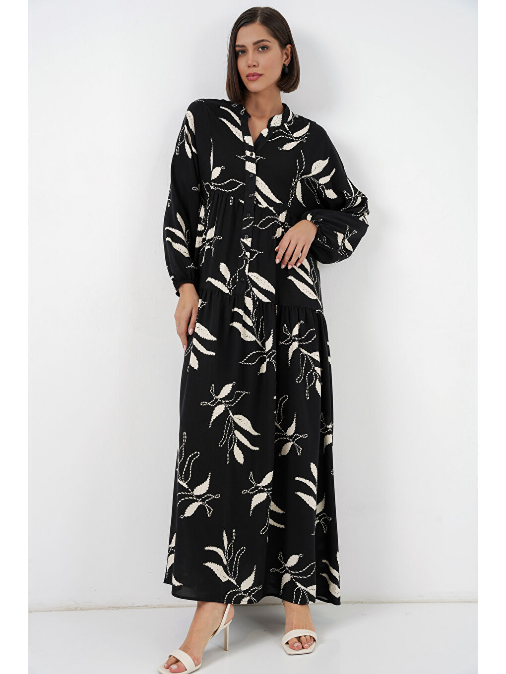 Kadın Desenli Uzun Tesettür Elbise 2585 - Y.Siyah