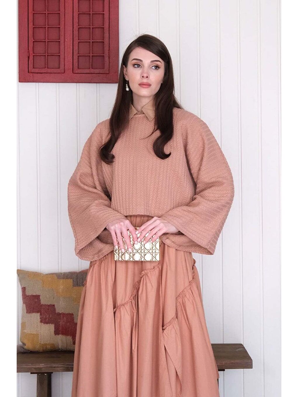 Pembe Somon Yarasa Kol Triko Crop-6