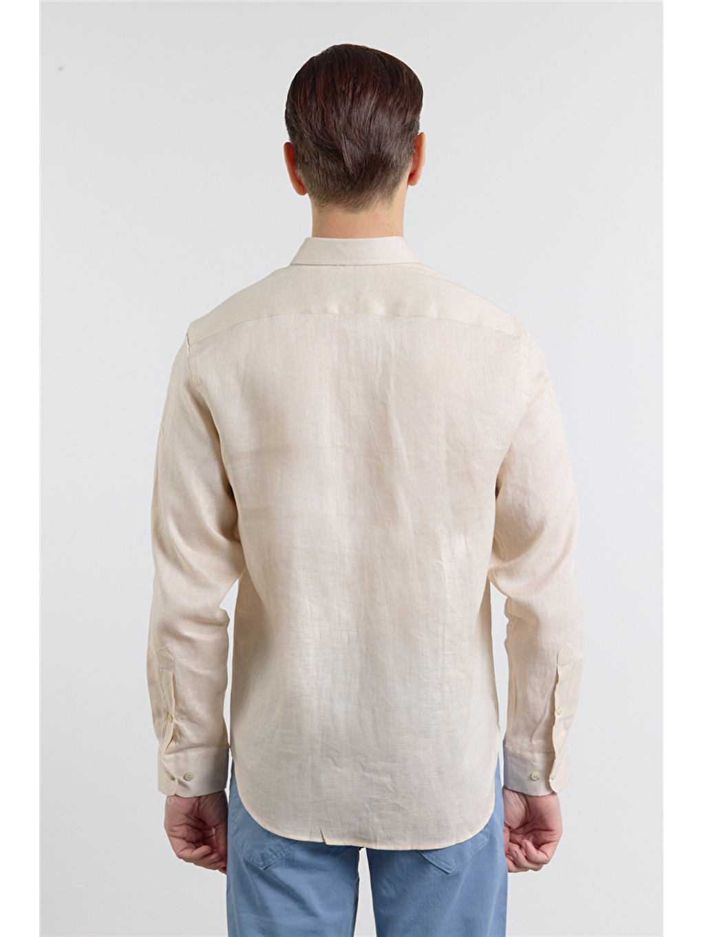Bej Keten Düğmeli Yaka Uzun Kol Cepsiz Slim Fit %100 Keten Gömlek 1004260161-5
