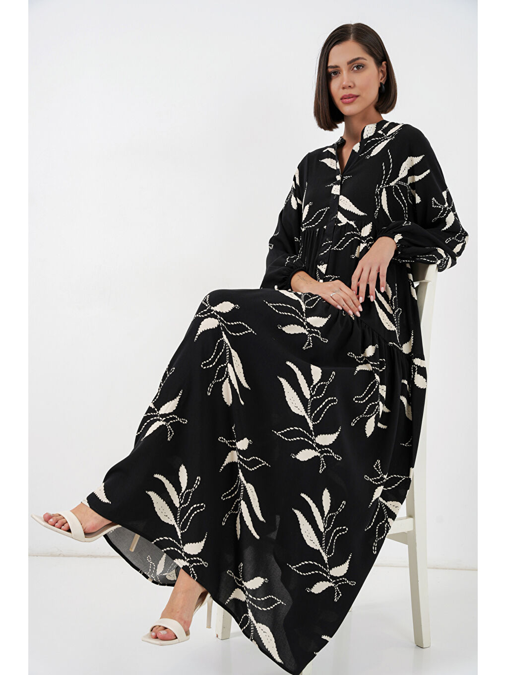 Kadın Desenli Uzun Tesettür Elbise 2585 - Y.Siyah-1