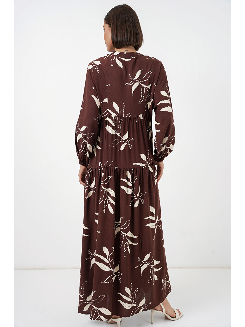 Kahverengi Kadın Desenli Uzun Tesettür Elbise 2585 - F.KAHVE-5