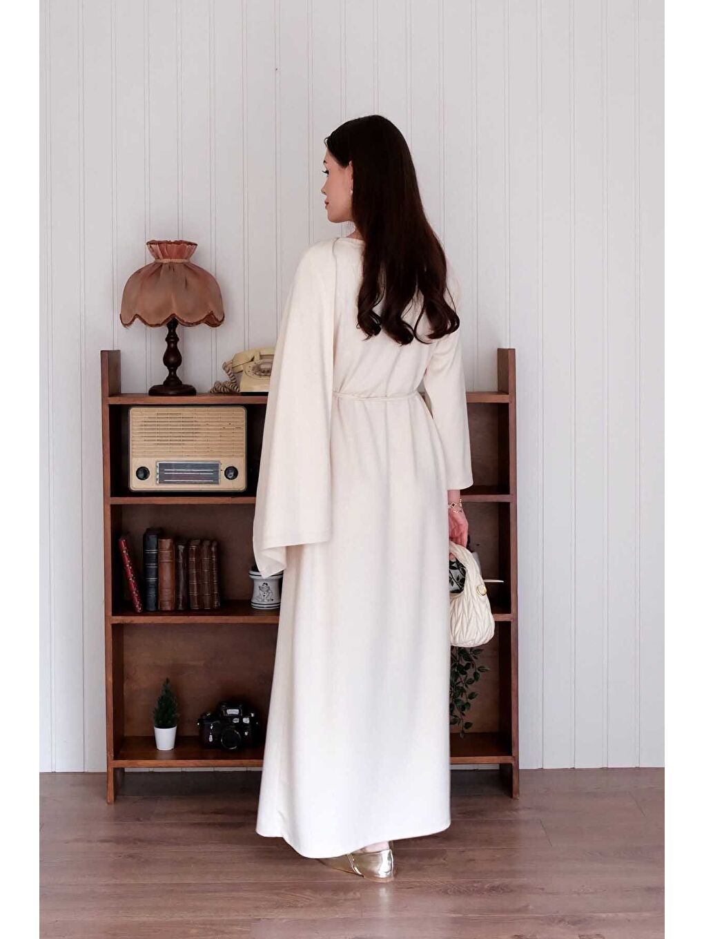 Ekru Krem Şal Yaka Elbise-4