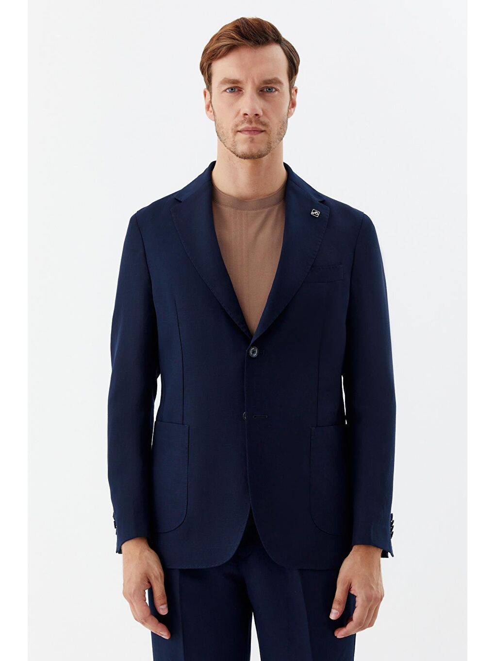 Erkek Lacivert Regular Fit Mono Yaka Keten Karışımlı Takım Elbise