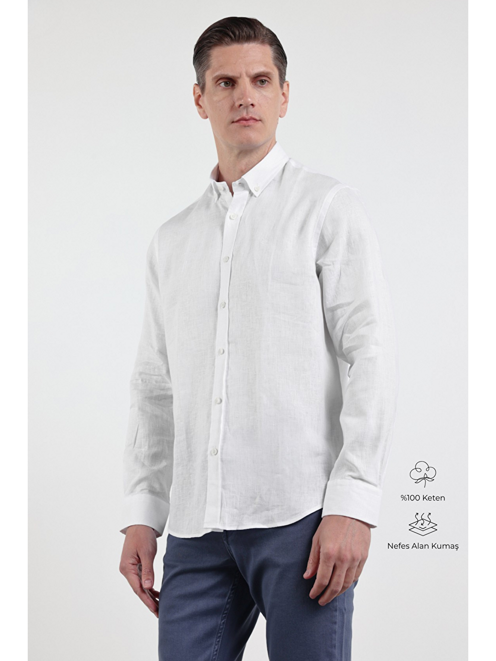 Beyaz Keten Düğmeli Yaka Uzun Kol Cepsiz Slim Fit %100 Keten Gömlek 1004260161
