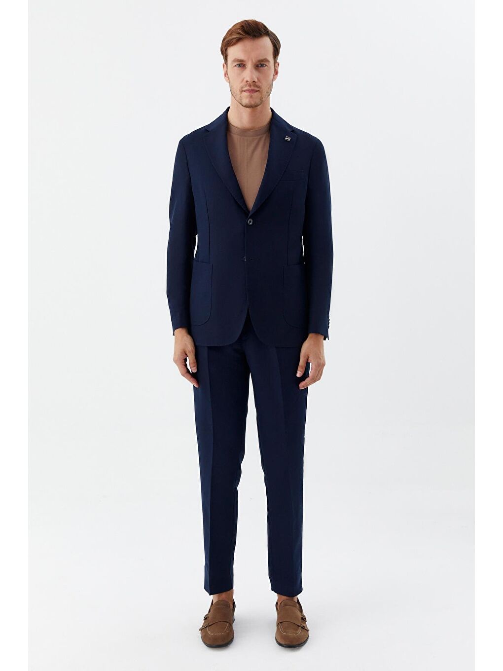 Erkek Lacivert Regular Fit Mono Yaka Keten Karışımlı Takım Elbise-1
