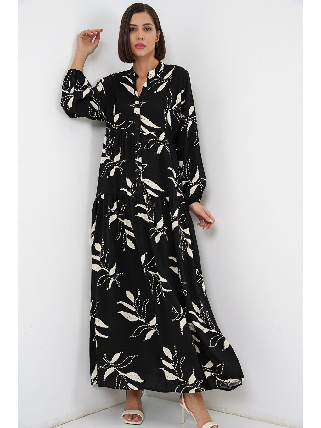 Kadın Desenli Uzun Tesettür Elbise 2585 - Y.Siyah-3