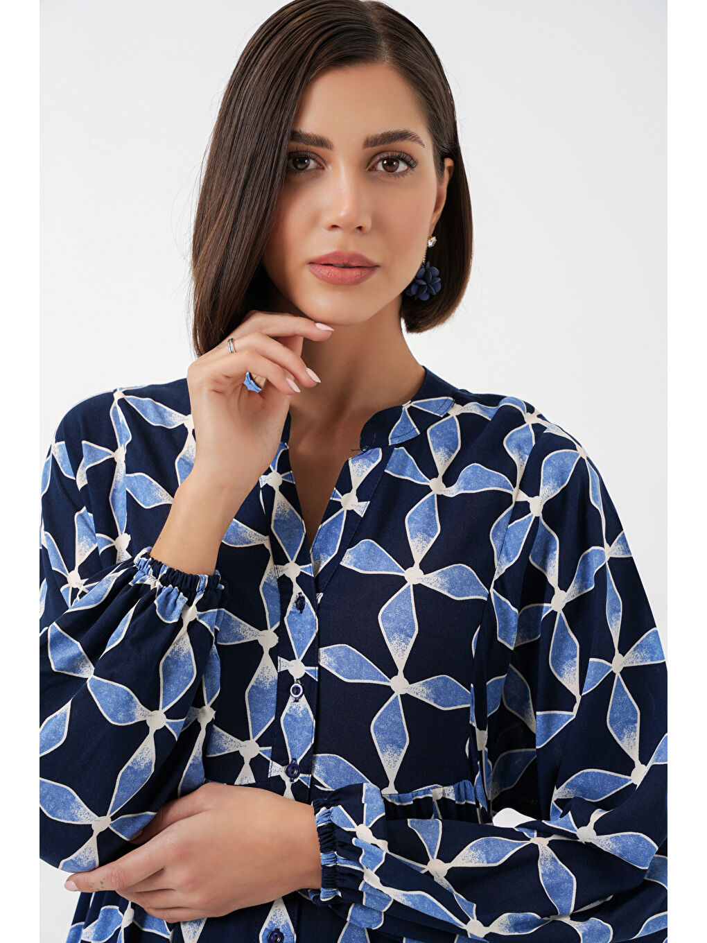 Kadın Desenli Uzun Tesettür Elbise 2585 - M. Lacivert-1