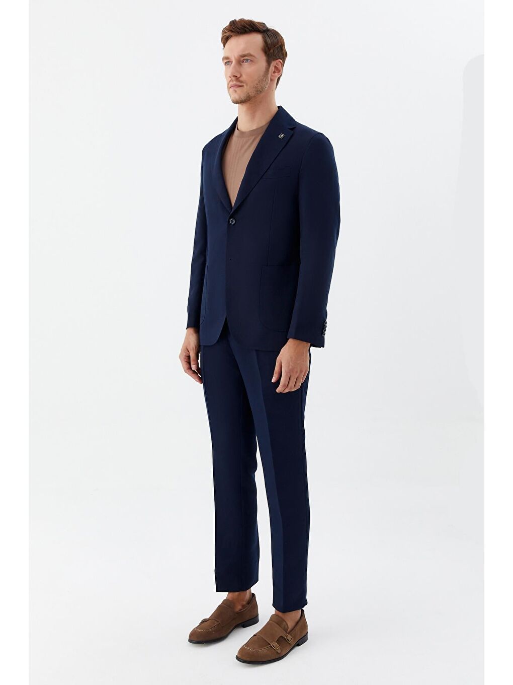 Erkek Lacivert Regular Fit Mono Yaka Keten Karışımlı Takım Elbise-2
