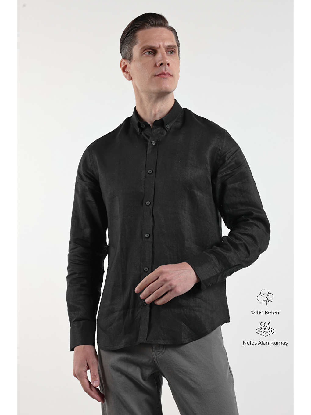 Siyah Keten Düğmeli Yaka Uzun Kol Cepsiz Slim Fit %100 Keten Gömlek 1004260161