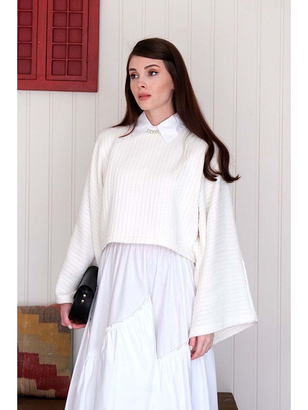 Ekru Yarasa Kol Triko Crop