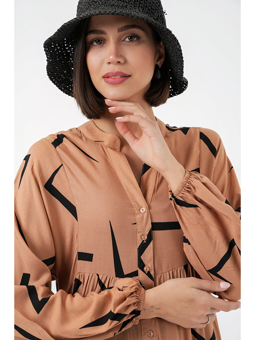 Bej Kadın Desenli Uzun Tesettür Elbise 2585 - A. Vizon-1