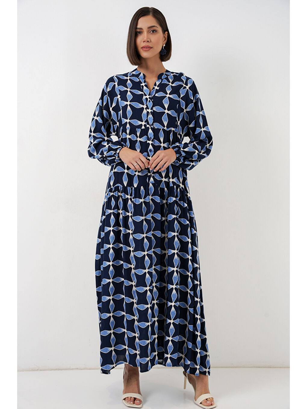 Kadın Desenli Uzun Tesettür Elbise 2585 - M. Lacivert-2