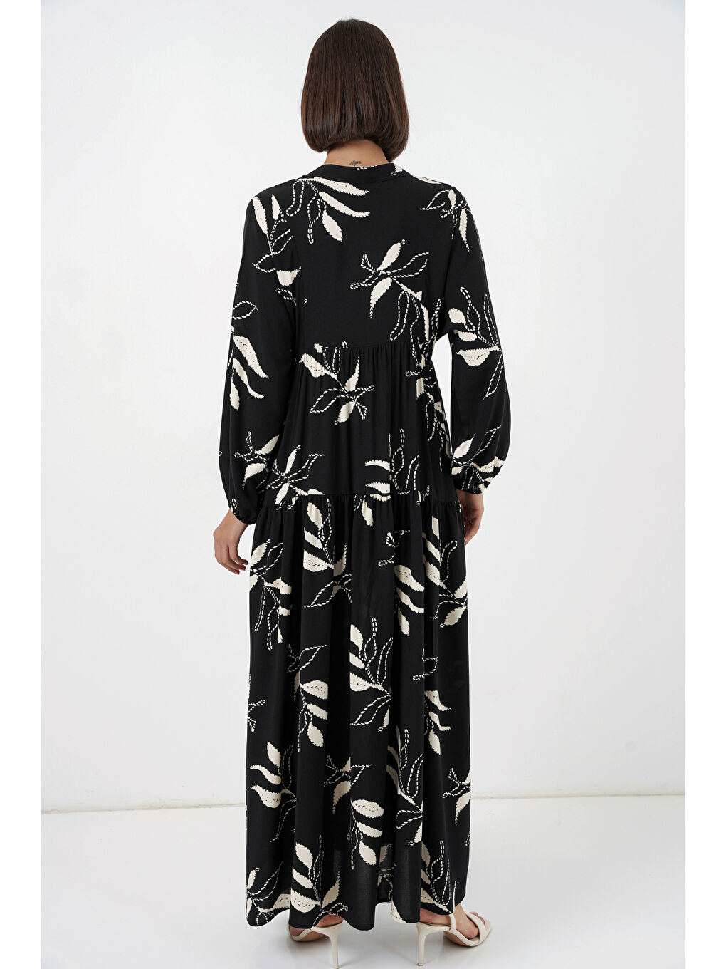 Kadın Desenli Uzun Tesettür Elbise 2585 - Y.Siyah-5