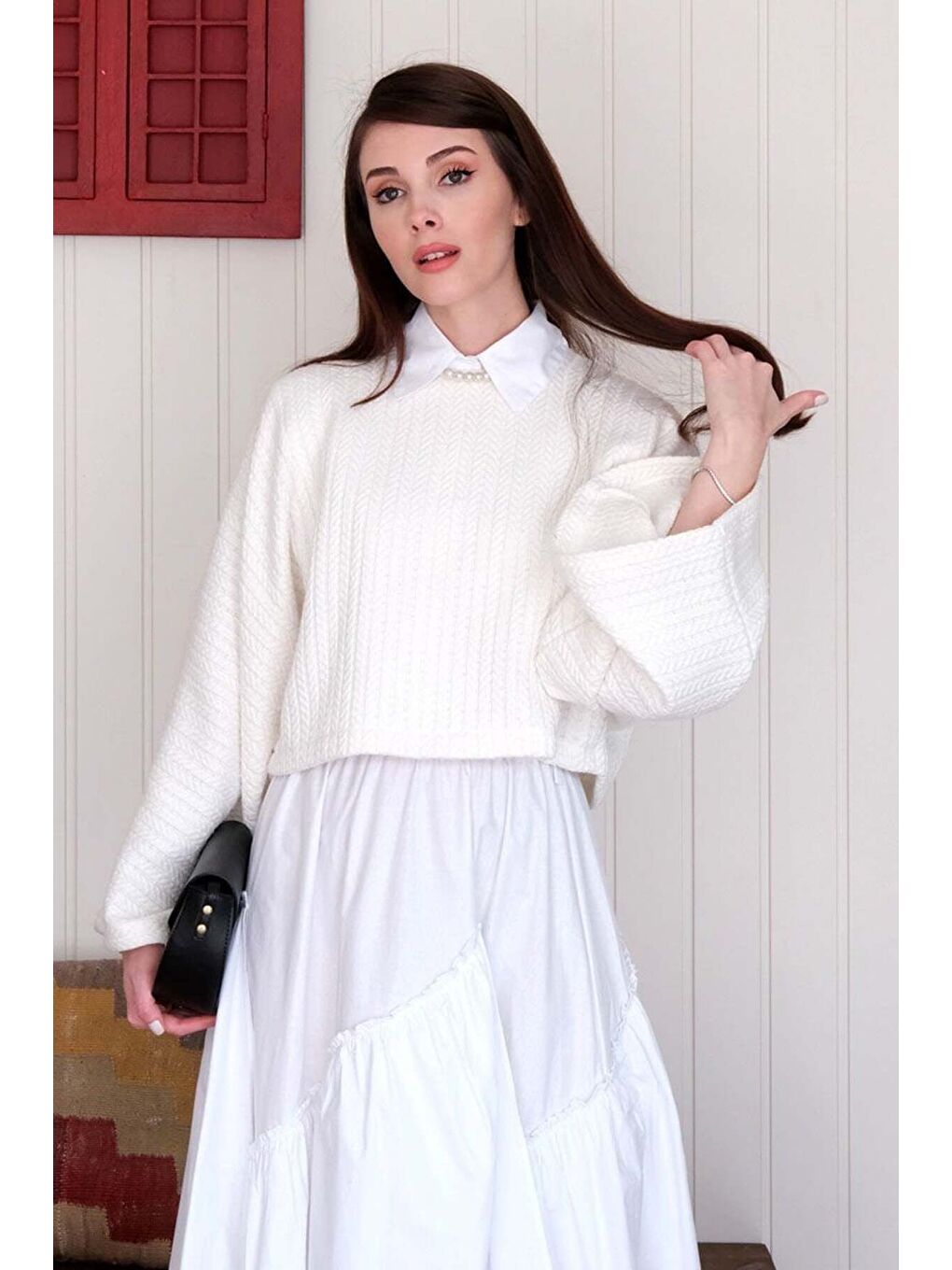 Ekru Yarasa Kol Triko Crop-1