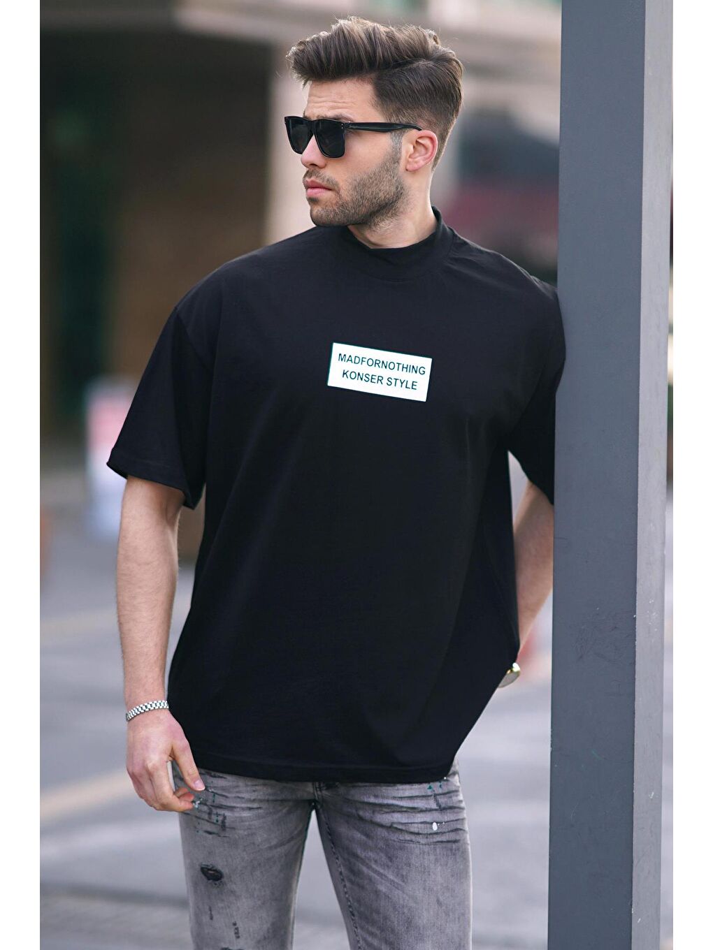 Siyah Yalancı Dik Yaka Oversize Erkek Tişört 7004