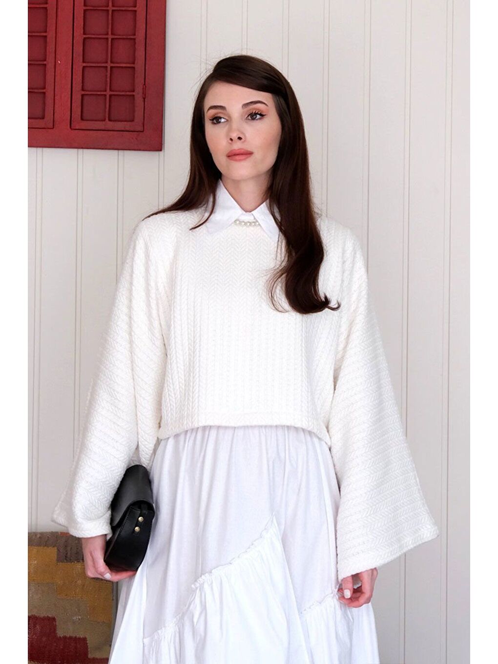 Ekru Yarasa Kol Triko Crop-2