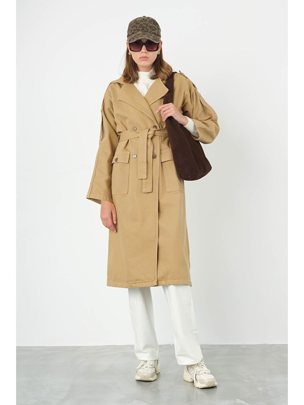 Kahverengi Denim Trençkot Uzun Açık Camel