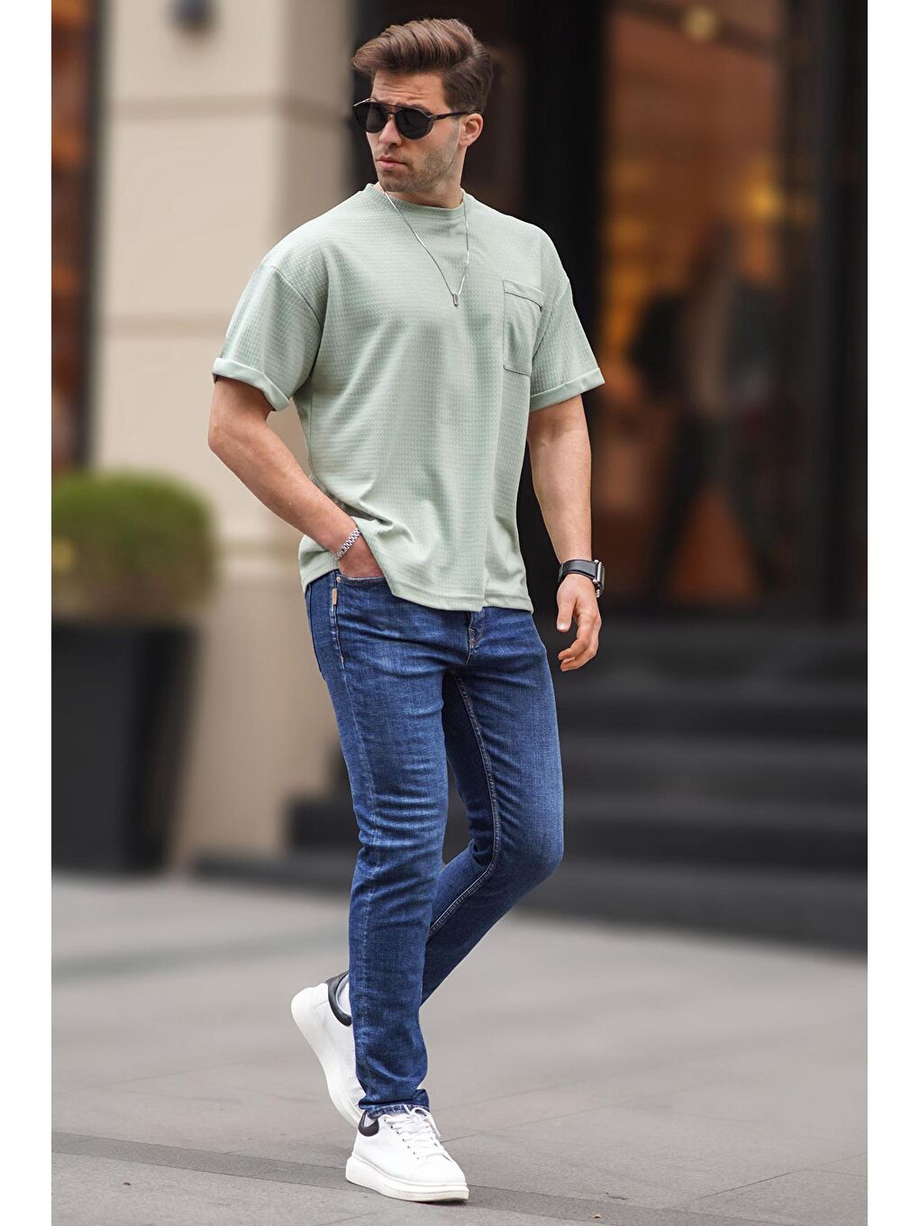 Mint Yeşili Erkek Cep Detaylı Oversize Tişört 6194-1