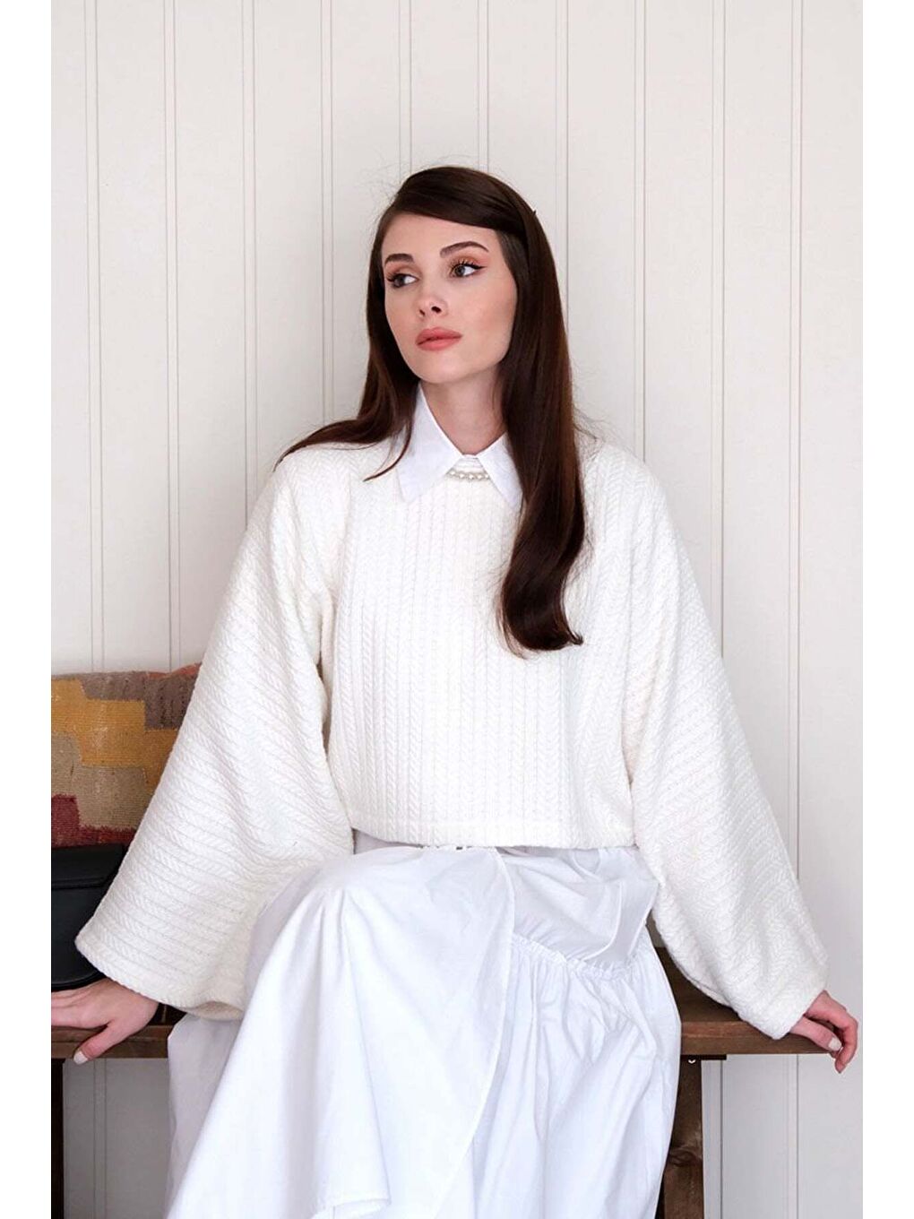 Ekru Yarasa Kol Triko Crop-3