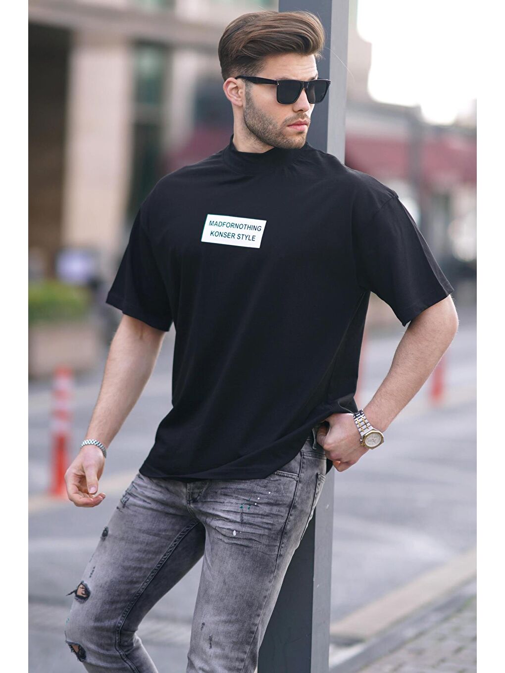 Siyah Yalancı Dik Yaka Oversize Erkek Tişört 7004-1