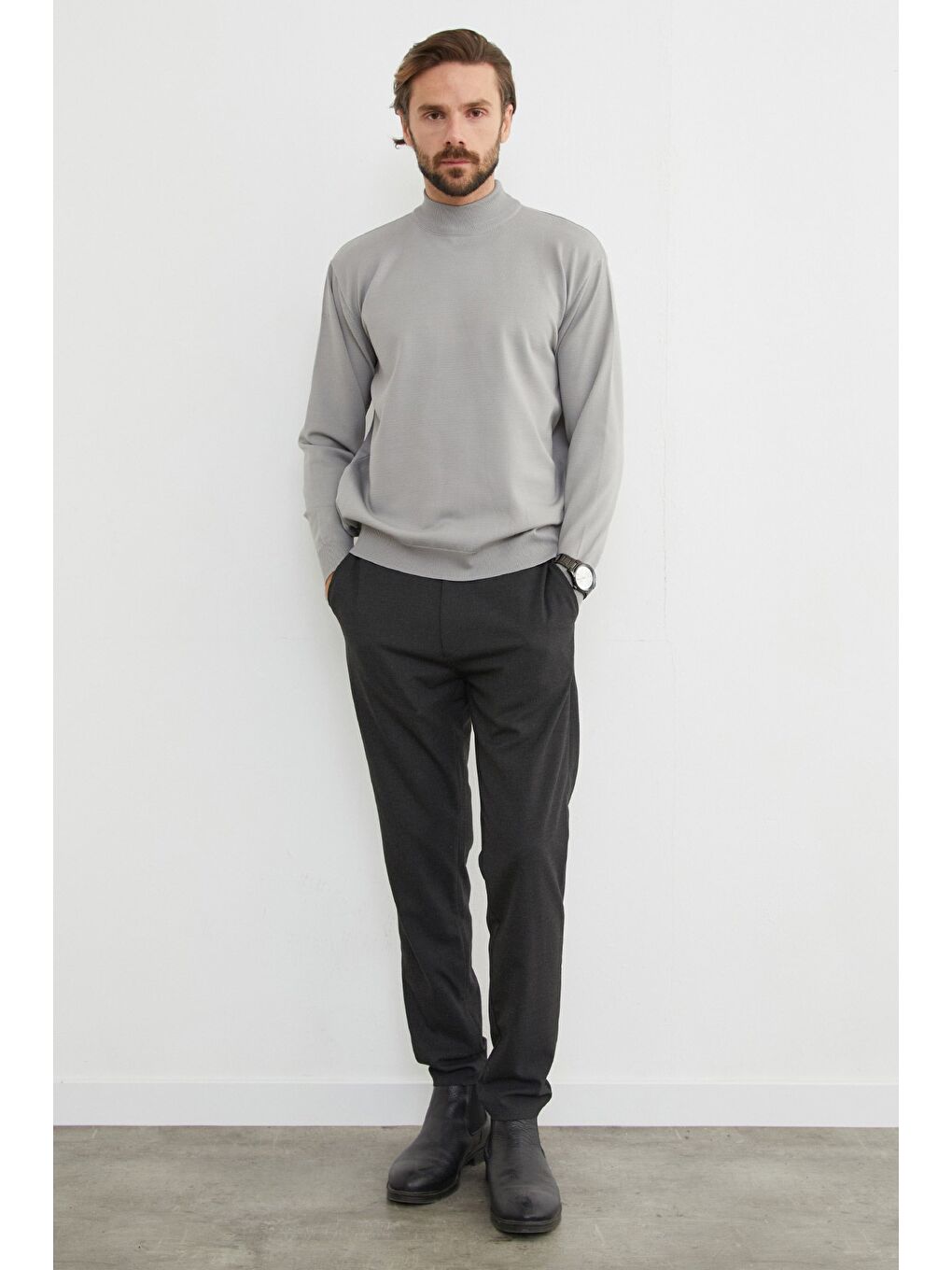 Gri Basic Dik Yaka Triko Kazak-1