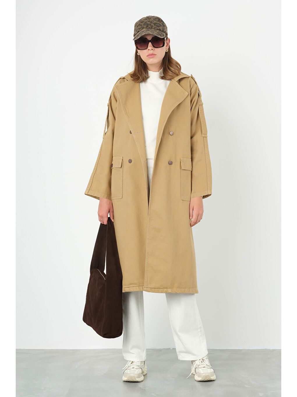Kahverengi Denim Trençkot Uzun Açık Camel-1