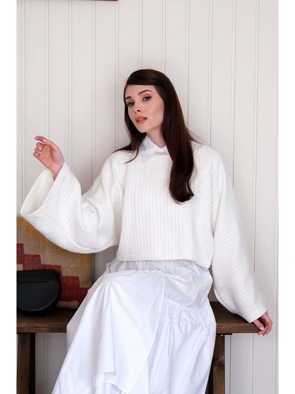 Ekru Yarasa Kol Triko Crop-5