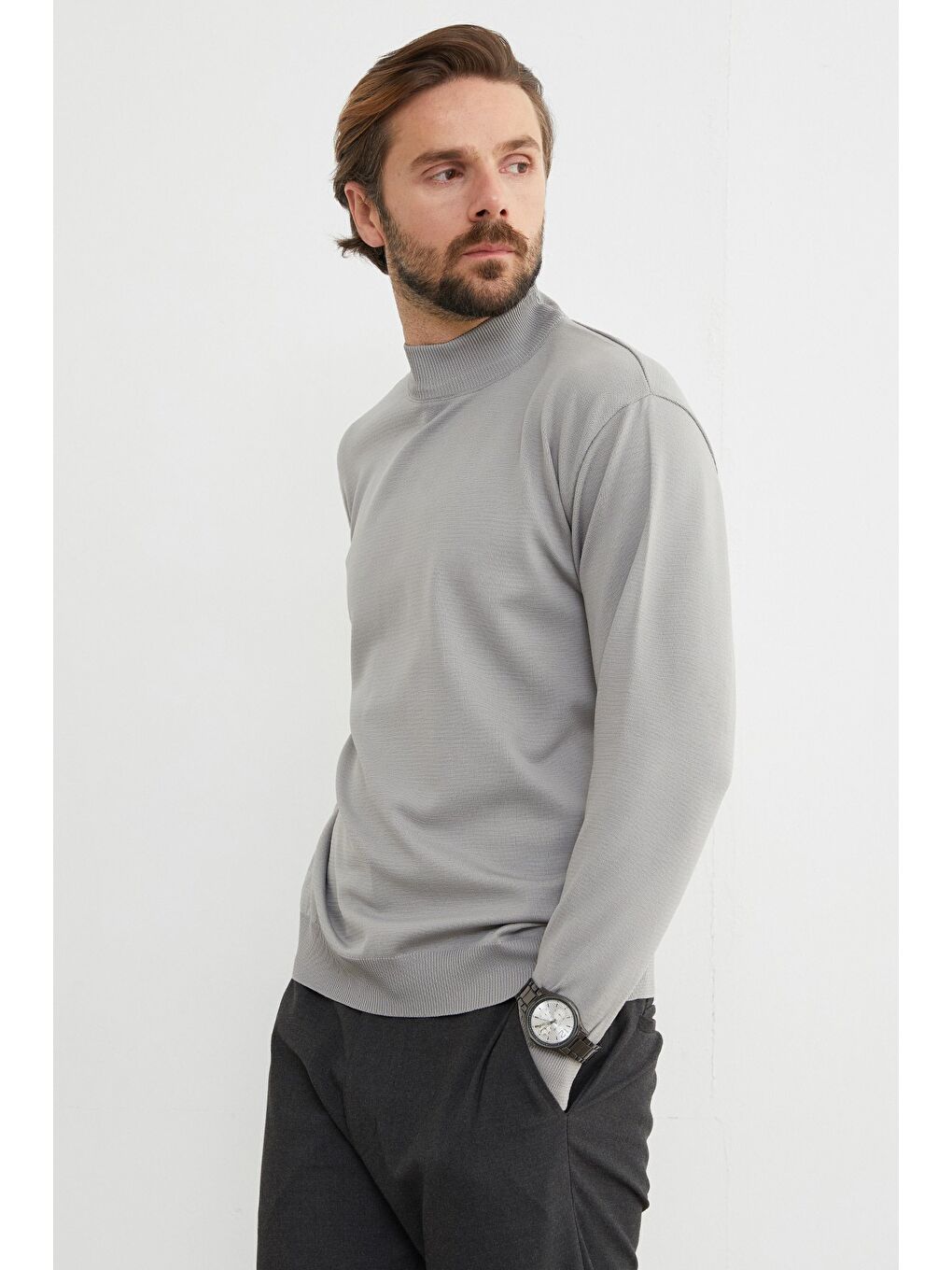 Gri Basic Dik Yaka Triko Kazak-2