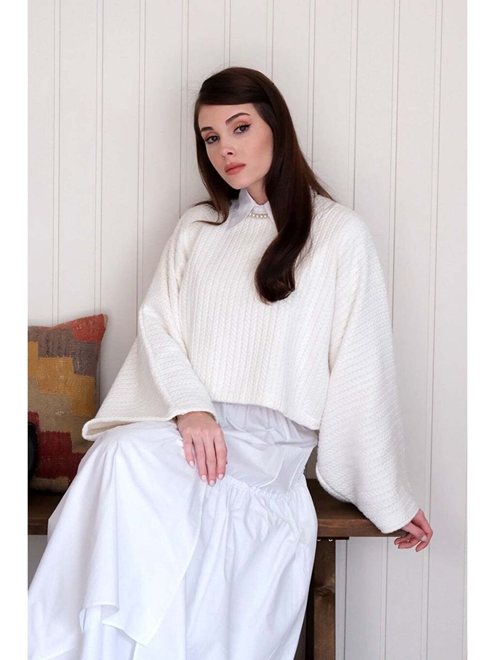 Ekru Yarasa Kol Triko Crop-6