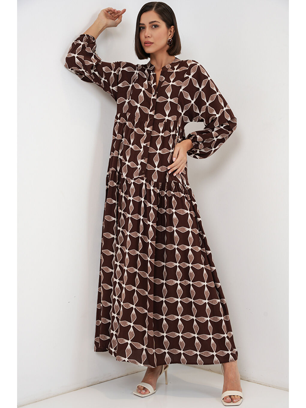 Kahverengi Kadın Desenli Uzun Tesettür Elbise 2585 - A.Kahve