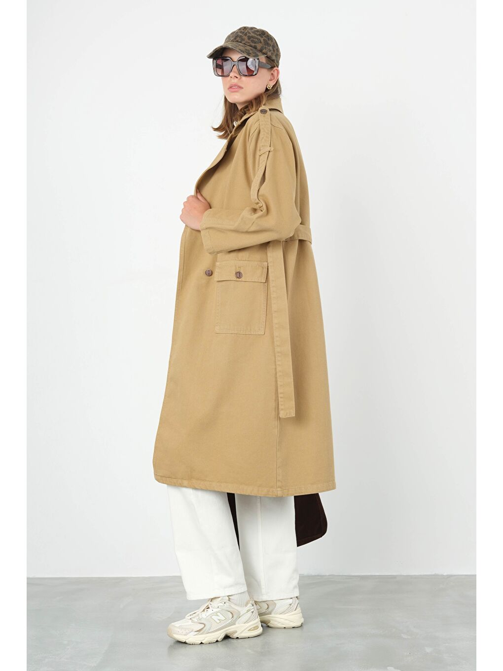 Kahverengi Denim Trençkot Uzun Açık Camel-2