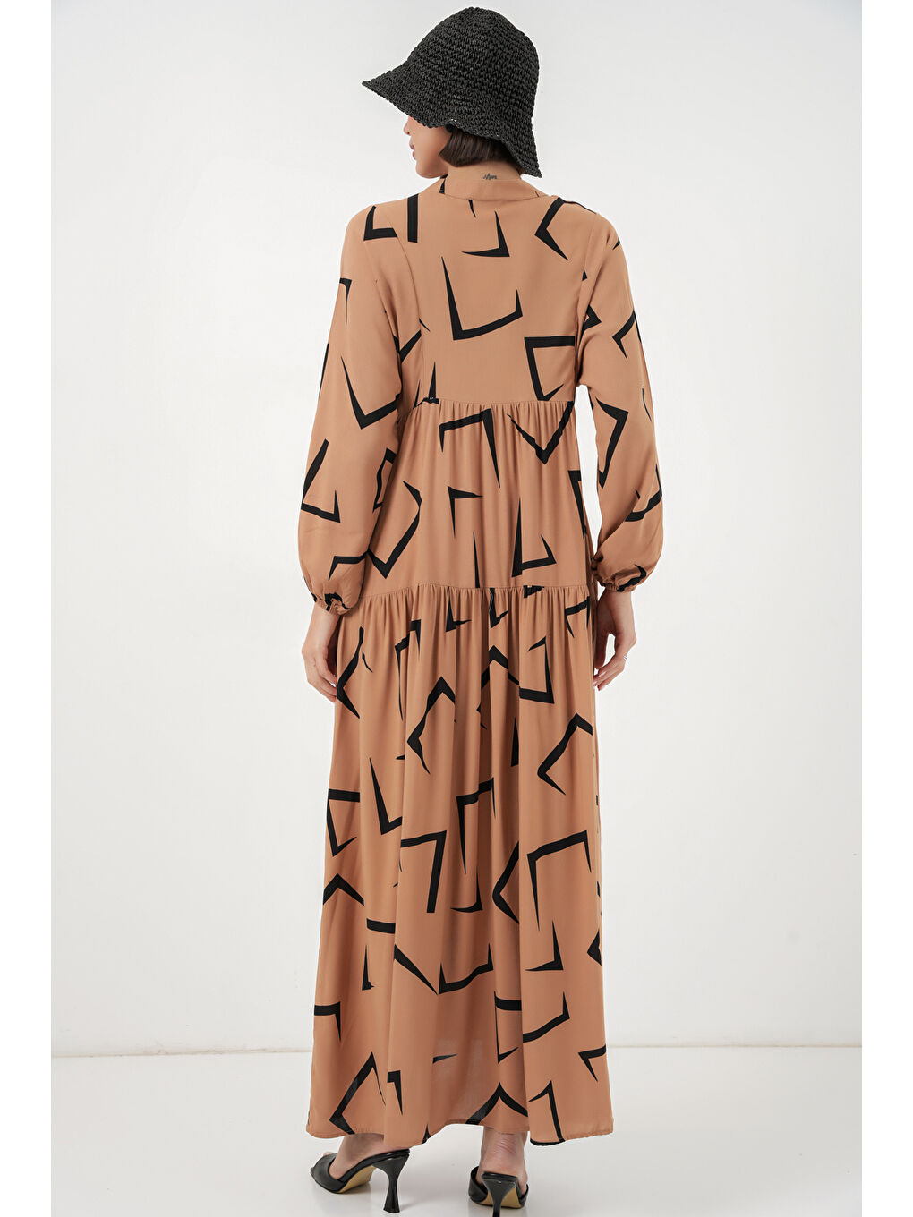 Bej Kadın Desenli Uzun Tesettür Elbise 2585 - A. Vizon-4