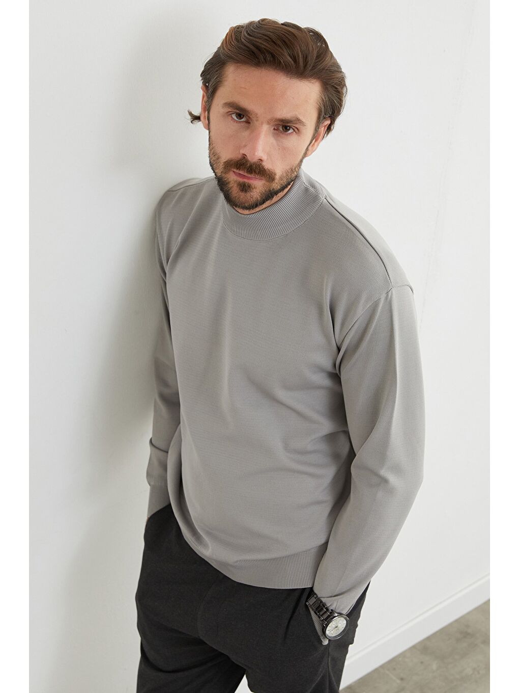 Gri Basic Dik Yaka Triko Kazak-3